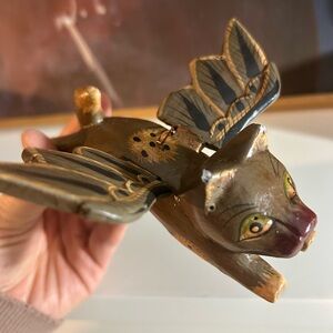 Vintage Handcrafted Wooden Flying Cat Figurine - Brown and Gold Whimsical 5"